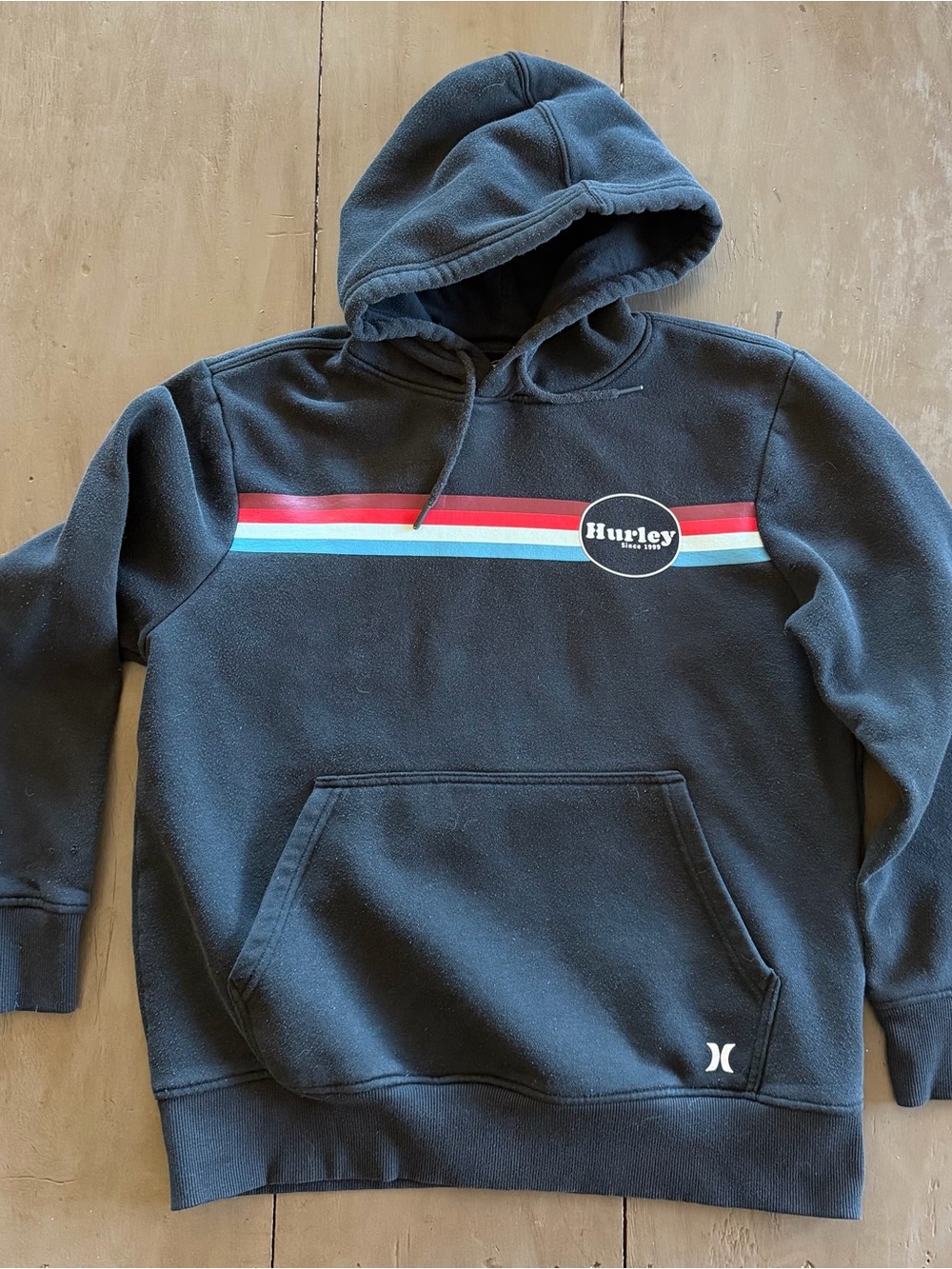 Hurley Black Pullover Hoodie with Red and Light Blue Stripes